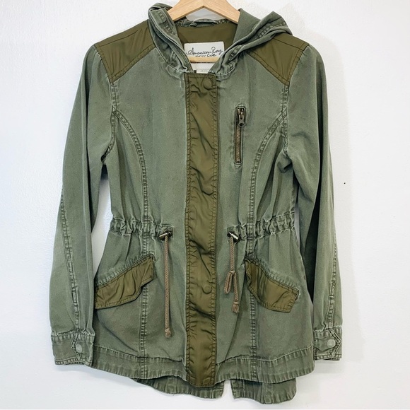 American Rag Utility Jacket Woman Small Hooded Army Green Cotton Zip Boho Grunge - Picture 1 of 12